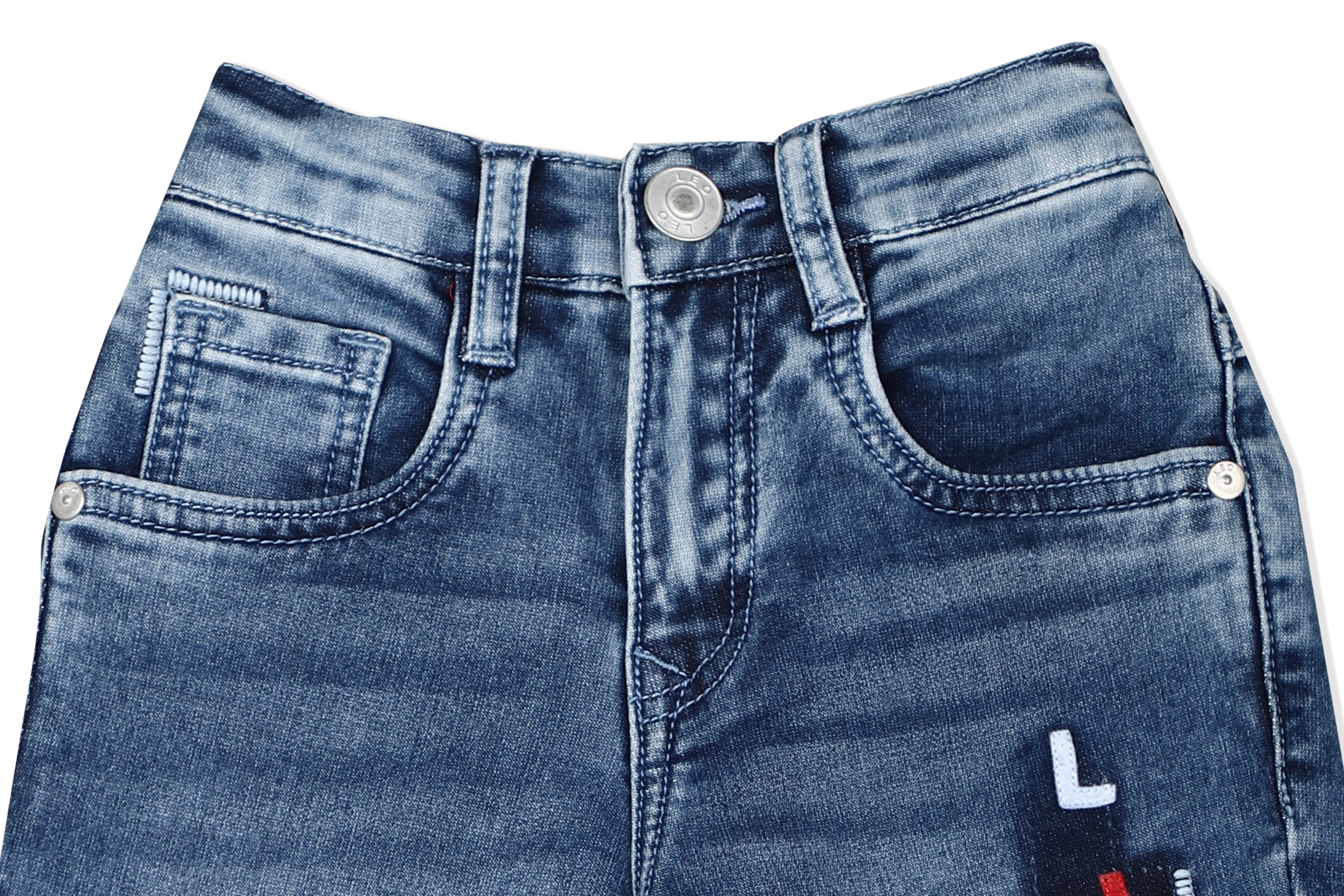 LEO Slim Fit Back Elastic Stretch Fashion Jeans Stone Wash - Blue