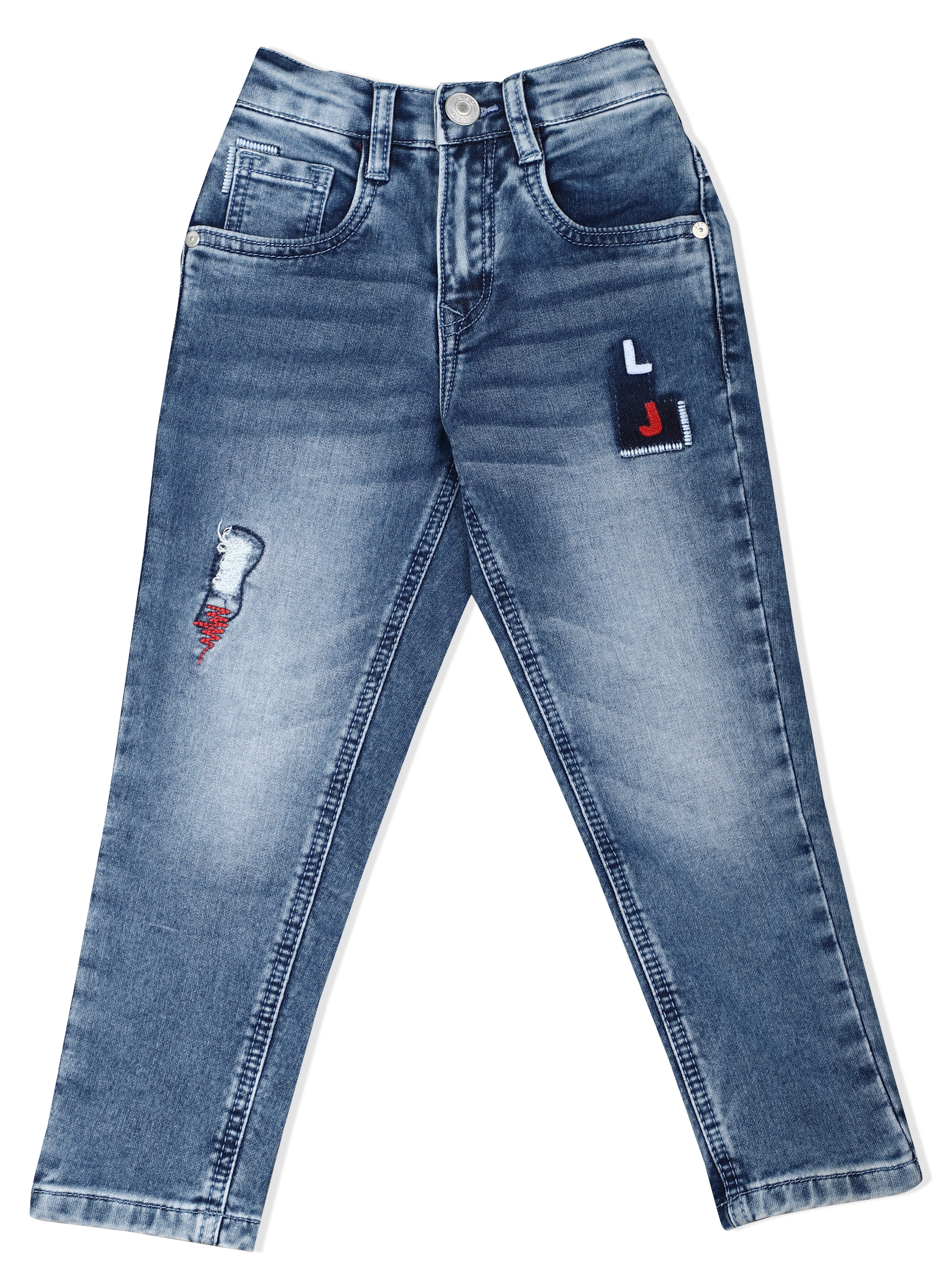 LEO Slim Fit Back Elastic Stretch Fashion Jeans Stone Wash - Blue