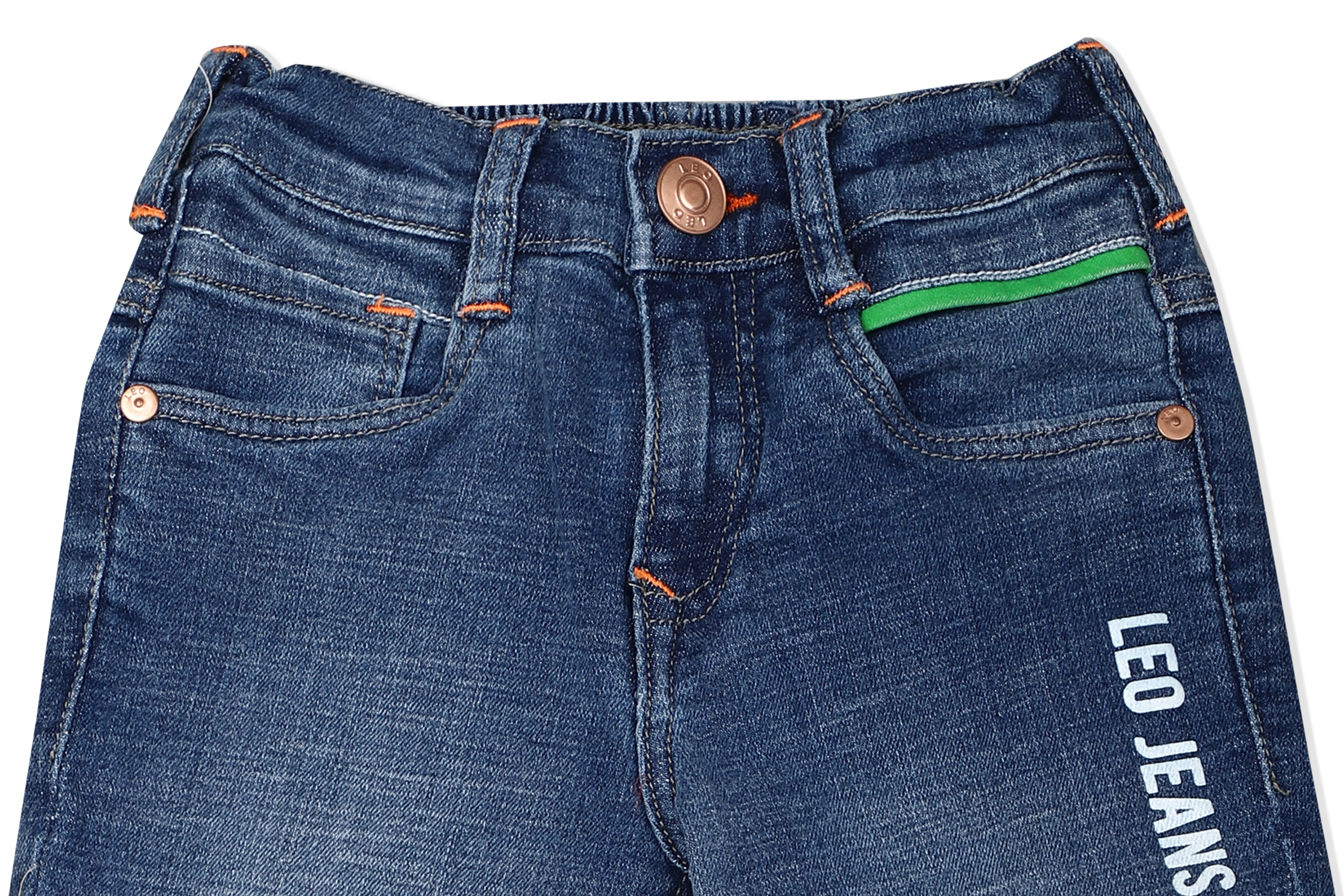 LEO Slim Fit Back Elastic Stretch Fashion Jeans, River Wash - Blue